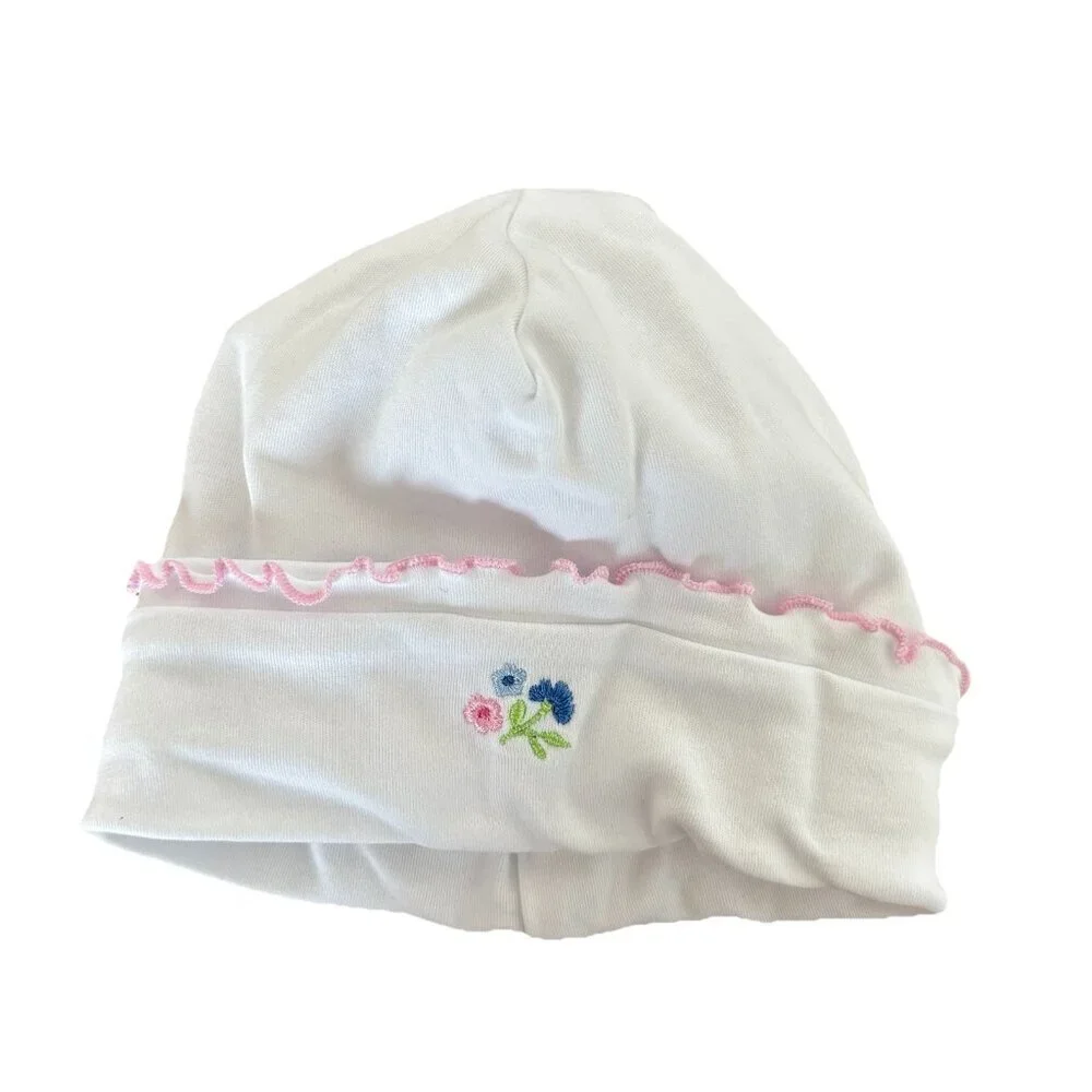 Kissy Kissy Baby White Pima Cotton Hat Pink Flower Embroidery Size Small Classic